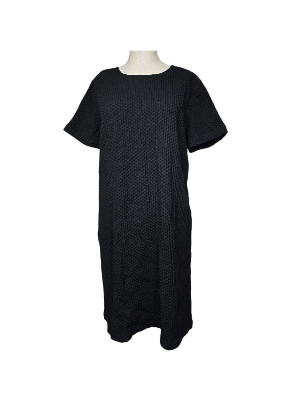 Eileen Fisher Honeycomb Black Tencel Cotton Short Sleeves Back Zip Dress L